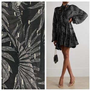 NEW EVARAE Lavinia Tie-neck Fil Coupé Silk-blend Mini Dress Sz 8 Black Gold